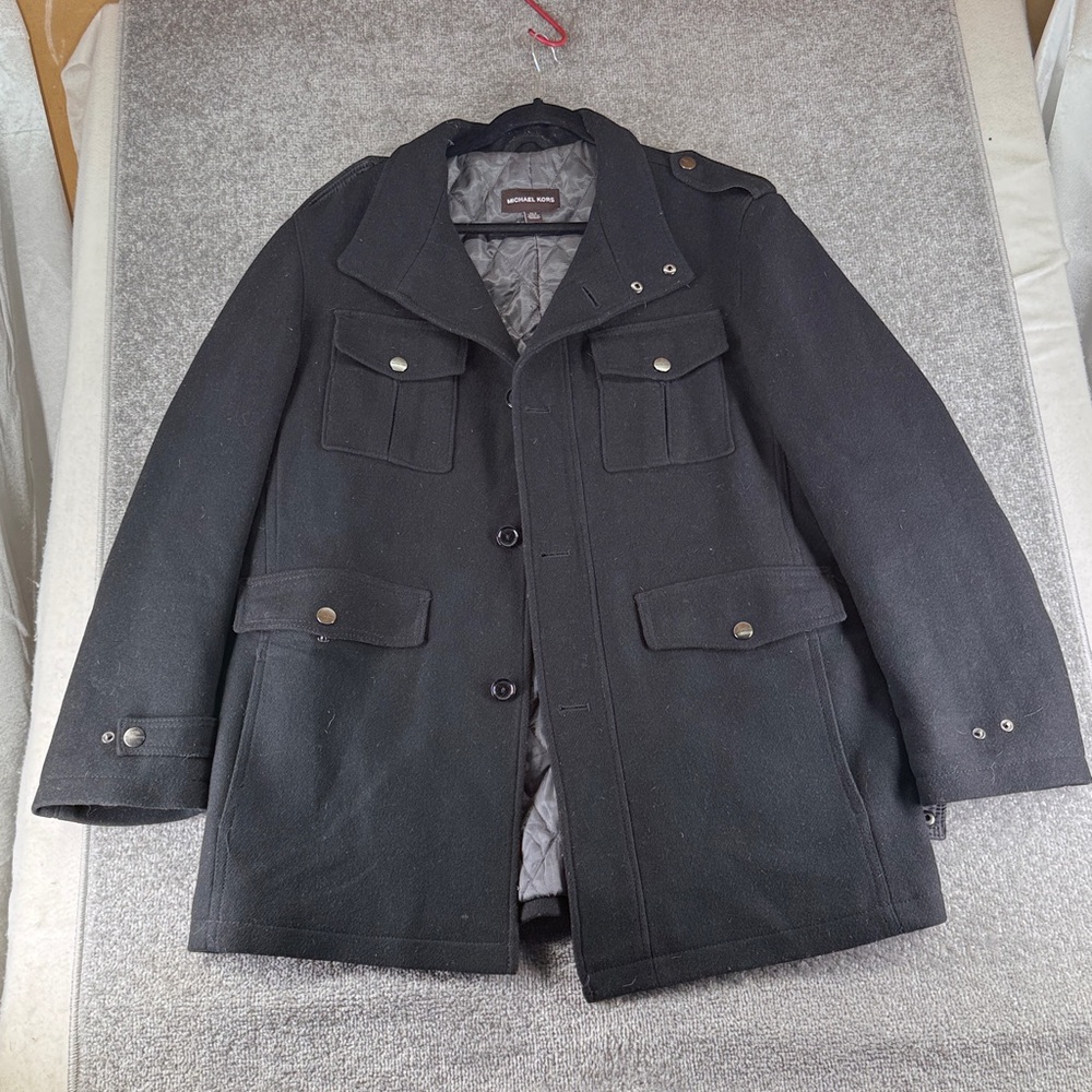 Michael Kors Long Sleeve Button Up Coat Black Mens Tall XLT Peacoat Wool Blend